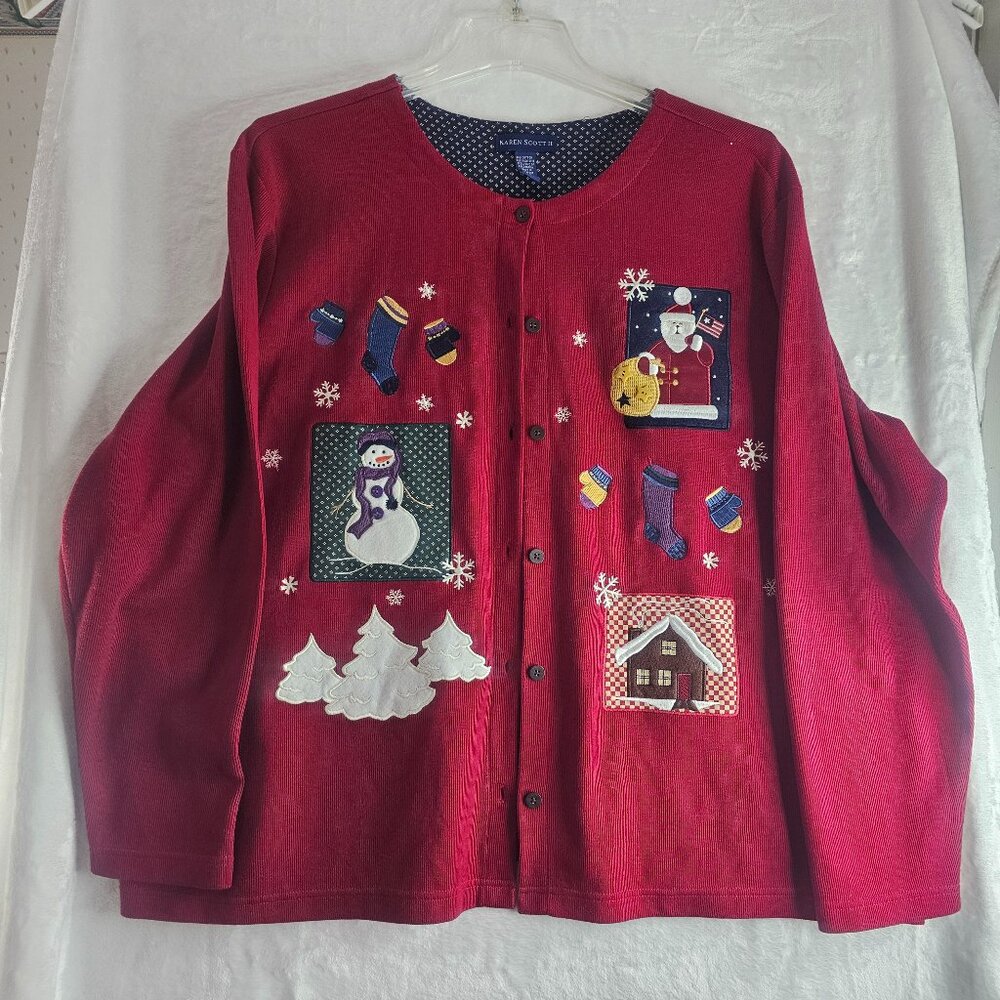 Karen Scott Red Ugly Christmas Cardigan Sweater Size 3X Button Up Long Sleeve